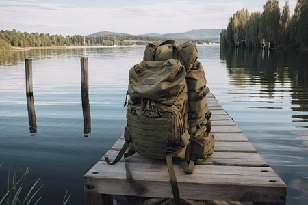 military backpack, with view of beautiful lake, for a serene setting, created with generative aiの素材