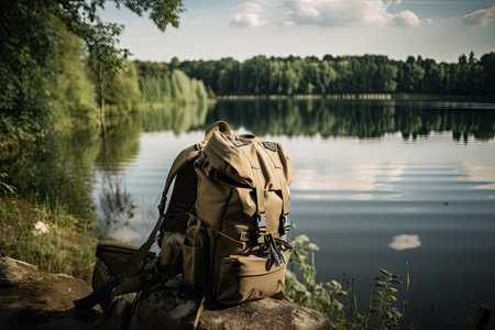 military backpack, with view of beautiful lake, for a serene setting, created with generative aiの素材