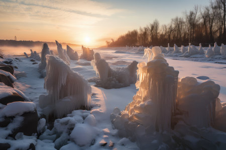 frozen river, with ice columns and sculptures of ice, and sunset in the background, created with generative aiの素材