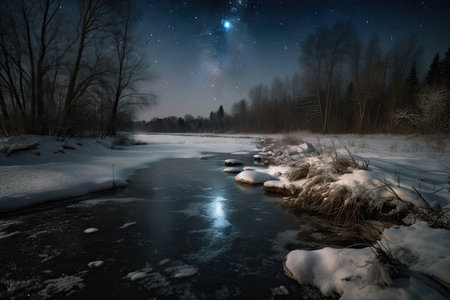 frozen river, with view of the stars and moon visible overhead, created with generative aiの素材