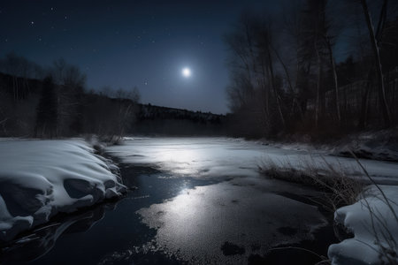 frozen river, with view of the stars and moon visible overhead, created with generative aiの素材