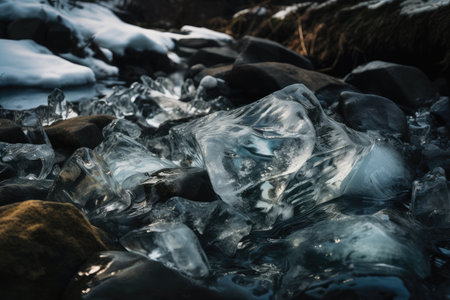 close-up of broken ice with flowing water visible beneath, created with generative aiの素材
