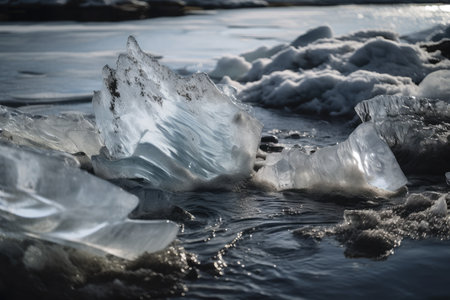 close-up of broken ice with flowing water visible beneath, created with generative aiの素材