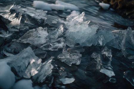 close-up of broken ice with flowing water visible beneath, created with generative aiの素材