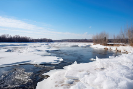 frozen river with snow-covered banks, and blue sky in the background, created with generative aiの素材