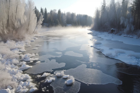 frozen river, with ice floes and snow-covered banks, surrounded by forest, created with generative aiの素材