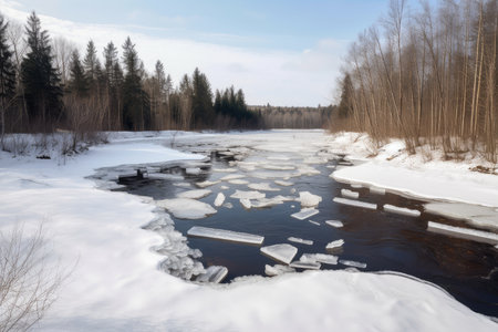 frozen river, with ice floes and snow-covered banks, surrounded by forest, created with generative aiの素材