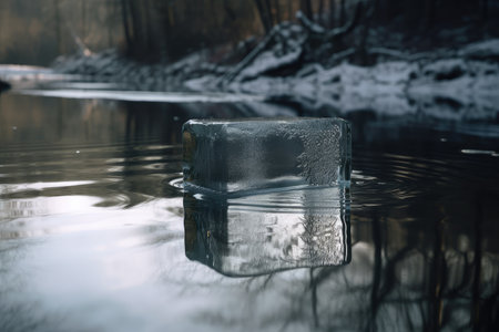 ice block floating on calm river, with reflections of the surroundings visible, created with generative aiの素材