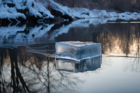 ice block floating on calm river, with reflections of the surroundings visible, created with generative aiの素材