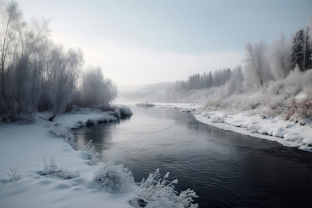 frozen river surrounded by quiet winter landscape, with snowflakes floating down, created with generative aiの素材