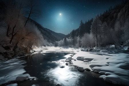 frozen river, with view of the stars and moon above, in winter wonderland, created with generative aiの素材