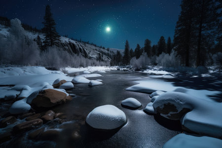 frozen river, with view of the stars and moon above, in winter wonderland, created with generative aiの素材
