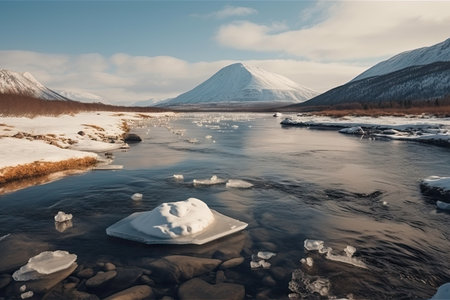 arctic river with ice floes and mountains in the background, created with generative aiの素材