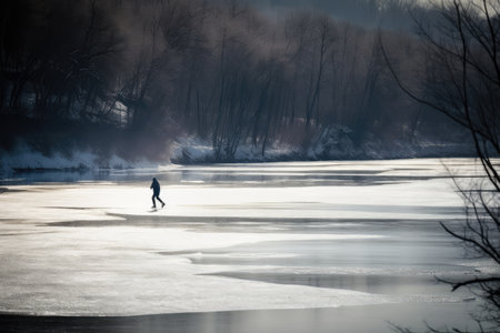frozen river, with lone figure skating on the ice, created with generative aiの素材
