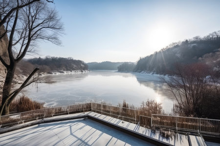 ice skating rink with view of frozen river, surrounded by picturesque winter landscape, created with generative aiの素材