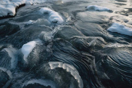 close-up of swirling river ice, with water flowing underneath, created with generative aiの素材