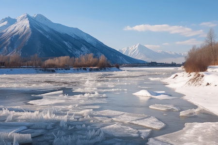 frozen river with snow-capped mountains in the background, created with generative aiの素材