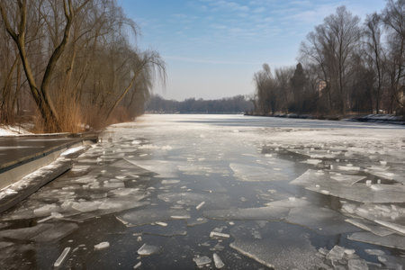 frozen river, with ice skating track and skates visible on the surface, created with generative aiの素材