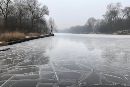frozen river, with ice skating track and skates visible on the surface, created with generative aiの素材