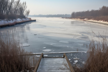 frozen river, with ice skating track and skates visible on the surface, created with generative aiの素材