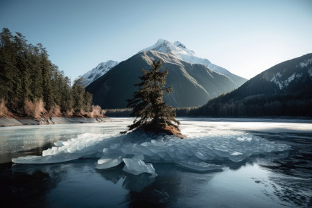iceberg floating in frozen river, with trees and mountains in the background, created with generative aiの素材
