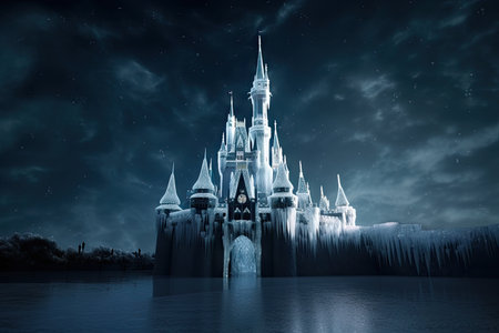 ice castle, with frozen and still water in the background, and snowflakes falling from the sky, created with generative aiの素材