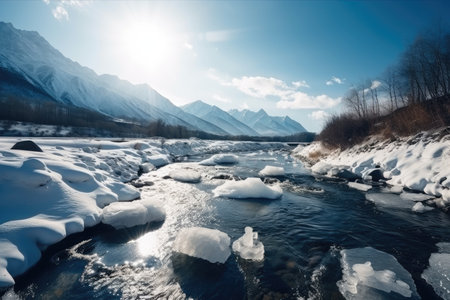 mountain river, frozen solid with glistening ice, surrounded by snow-covered peaks, created with generative aiの素材
