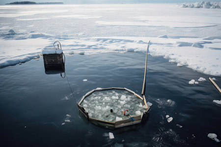 ice fishing, with lines and bait visible in the clear water, created with generative aiの素材
