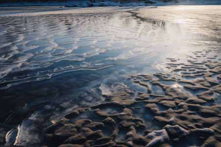 close-up of frozen river, with ripples and cracks in the ice, created with generative aiの素材