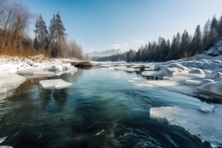 river frozen over with crystal-clear ice, surrounded by snowy landscape, created with generative aiの素材