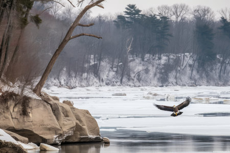 frozen river, with trees and rocks protruding from the ice, and bald eagle in flight, created with generative aiの素材