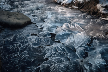 close-up of frozen river, with intricate patterns and textures visible, created with generative aiの素材