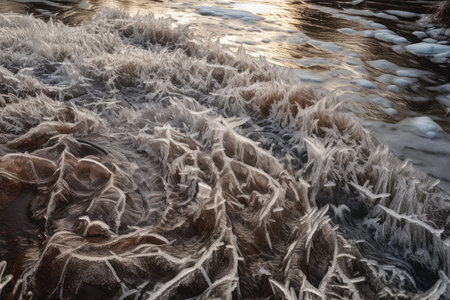 close-up of frozen river, with intricate patterns and textures visible, created with generative aiの素材