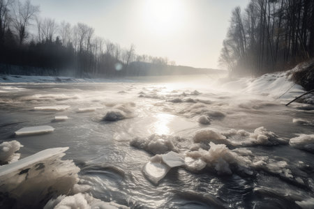 frozen river, with rushing and breaking ice, during winter storm, created with generative aiの素材