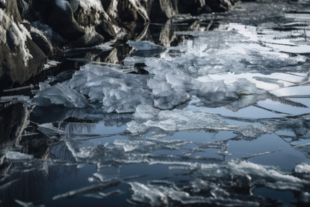 close-up of ice-covered river with reflection of the sky visible, created with generative aiの素材