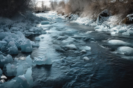river of ice, with broken and frozen pieces floating past each other, created with generative aiの素材