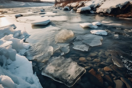 the ice on a river cracking and breaking apart from the movement of the water, created with generative aiの素材