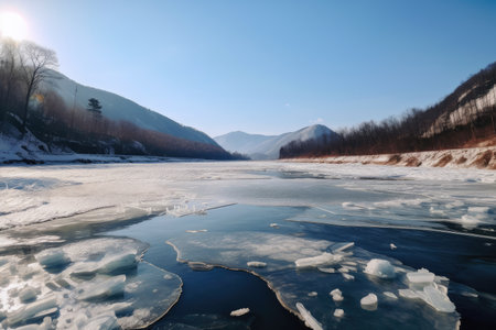 frozen river with view of mountains and clear blue sky in the background, created with generative aiの素材