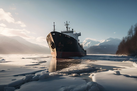 icebreaker ship breaking through frozen river, with snow-covered mountains in the background, created with generative aiの素材