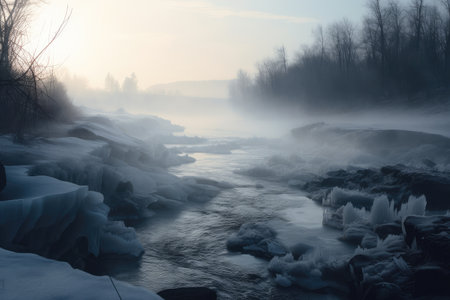 frozen river, with broken ice forming cracks and crevices, and mist rising from the water, created with generative aiの素材