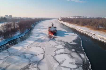 icebreaker ship cuts through frozen river, breaking path for other ships, created with generative aiの素材