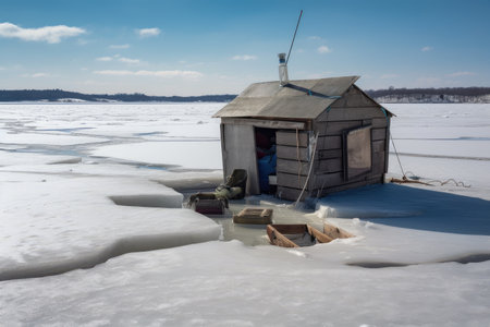 ice fishing hut in frozen river, with lines and tackle ready for the catch, created with generative aiの素材
