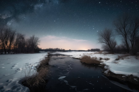 frozen river, with view of the night sky and stars visible above, created with generative aiの素材