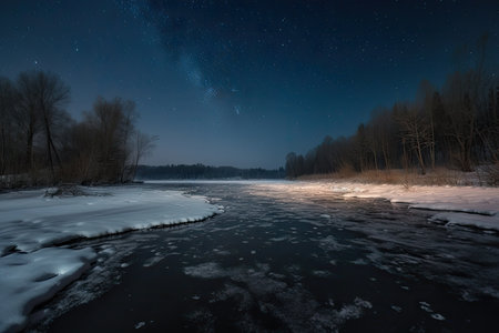 frozen river, with view of the night sky and stars visible above, created with generative aiの素材