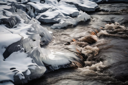 close-up of river, with icy surface and flowing water visible, created with generative aiの素材