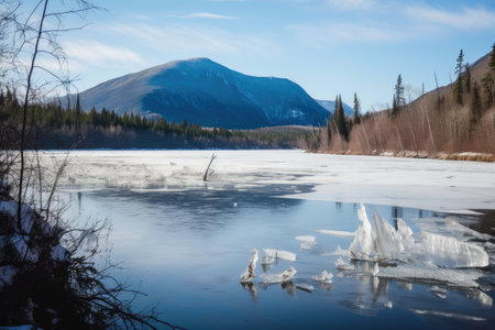 ice floe drifting downstream, with frozen trees and mountains in the background, created with generative aiの素材