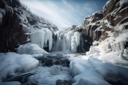 majestic waterfall, frozen in time, with a river of ice and snow, created with generative aiの素材