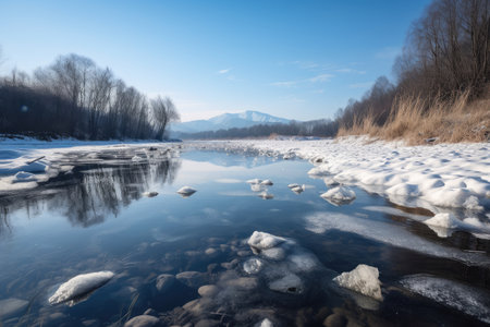 frozen river, with view of distant mountain range, and reflection of the sky, created with generative aiの素材