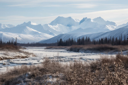 mountain range, with view of frozen river and mountain peaks in the background, created with generative aiの素材