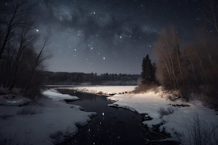 ice-covered river, with view of the night sky and stars visible above, created with generative aiの素材